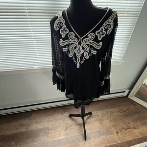 Alfani Black and Silver Bell Sleeve Blouse with Embellished Neckline